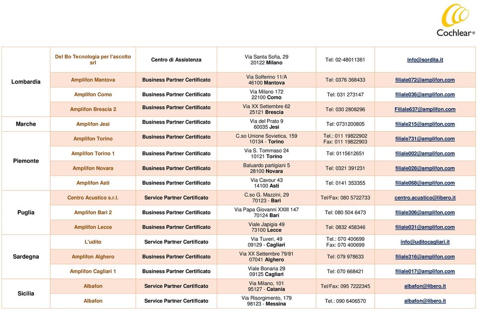 Jesi Piemonte Puglia Sardegna Sicilia Amplifon Torino C.so Unione Sovietica, 159 10134 - Torino Amplifon Torino 1 Amplifon Novara Amplifon Asti Centro Acustico s.r.l. Amplifon Bari 2 Amplifon Lecce L'udito Amplifon Alghero Amplifon Cagliari 1 Albafon Albafon Via S.