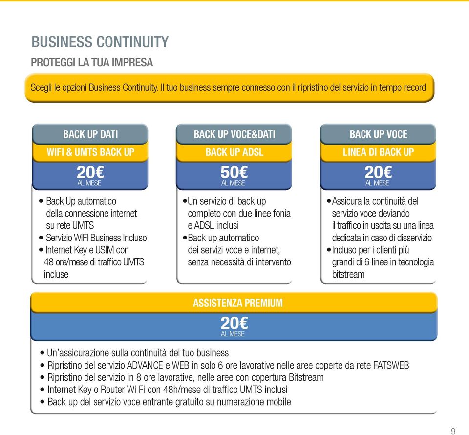 Business Incluso Internet Key e USIM con 48 ore/mese di traffi co UMTS incluse BACK UP VOCE&DATI BACK UP ADSL 50 AL MESE Un servizio di back up completo con due linee fonia e ADSL inclusi Back up