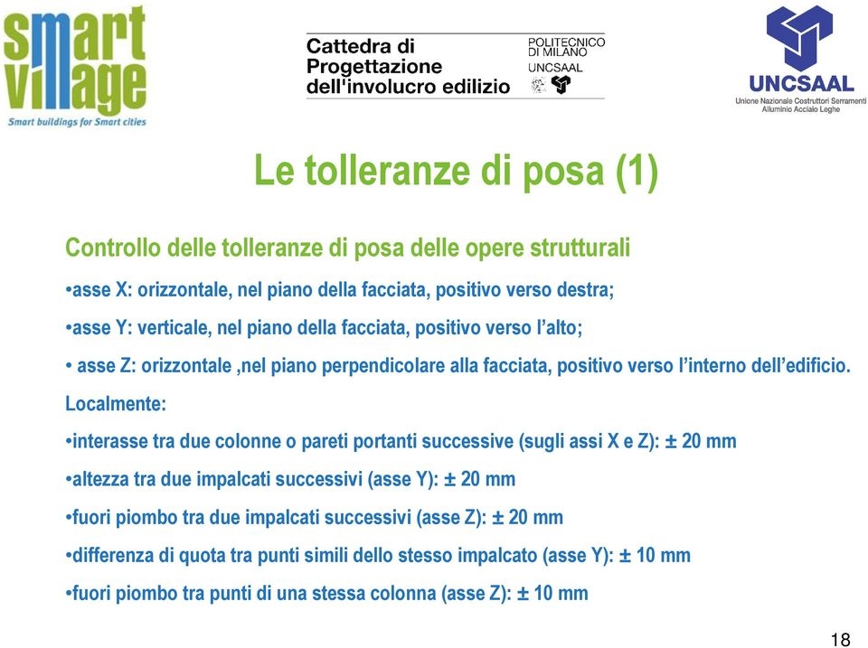 Localmente: interasse tra due colonne o pareti portanti successive (sugli assi X e Z): ± 20 mm altezza tra due impalcati successivi (asse Y): ± 20 mm fuori piombo tra