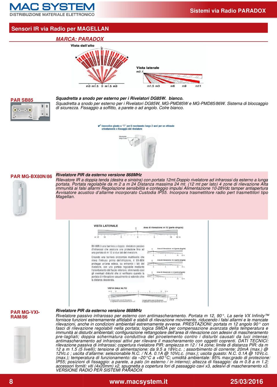 PAR MG-BX80N/86 Rivelatore PIR da esterno versione 868MHz Rilevatore IR a doppia tenda (destra e sinistra) con portata 12mt.Doppio rivelatore ad infrarossi da esterno a lunga portata.