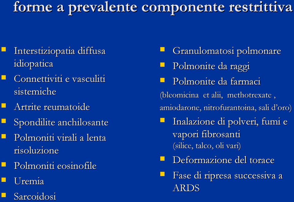 polmonare Polmonite da raggi Polmonite da farmaci (bleomicina et alii, methotrexate, amiodarone, nitrofurantoina, sali d oro)