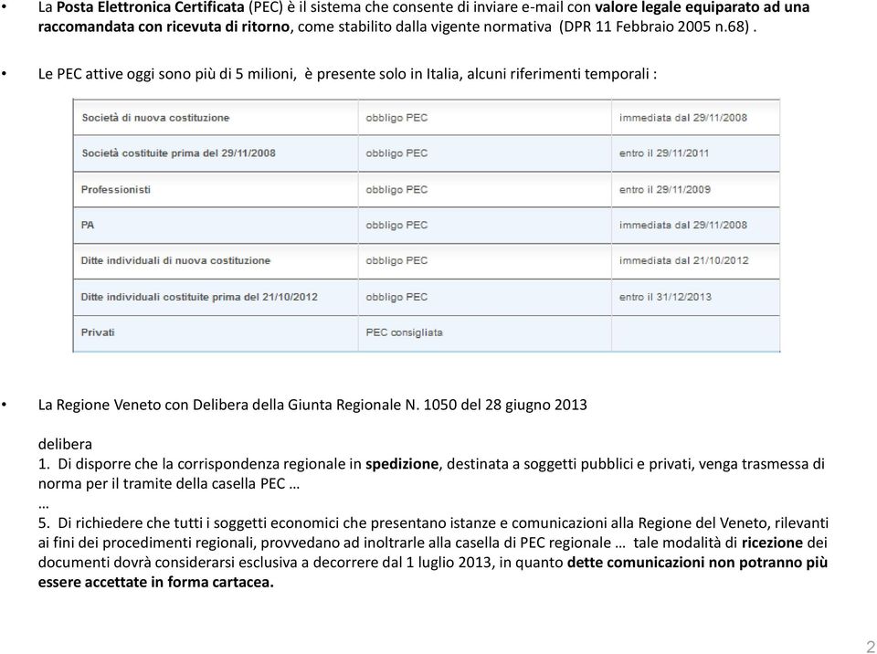 1050 del 28 giugno 2013 delibera 1. Di disporre che la corrispondenza regionale in spedizione, destinata a soggetti pubblici e privati, venga trasmessa di norma per il tramite della casella PEC 5.