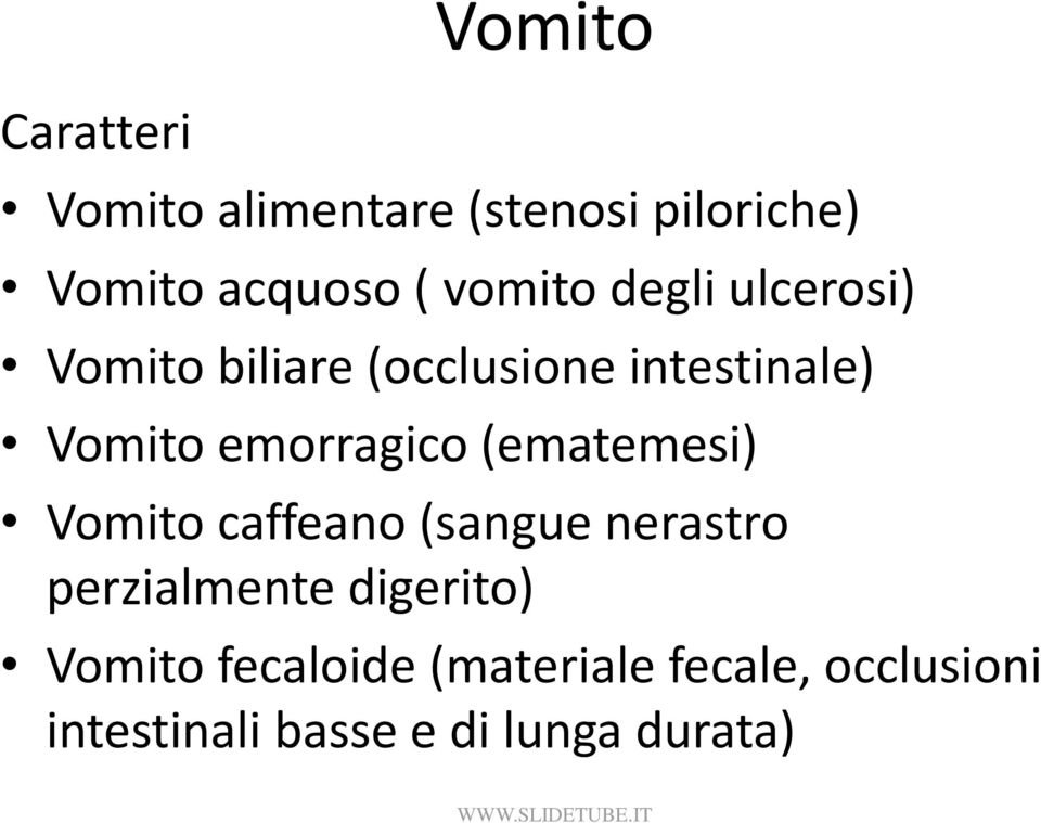 emorragico (ematemesi) Vomito caffeano (sangue nerastro perzialmente