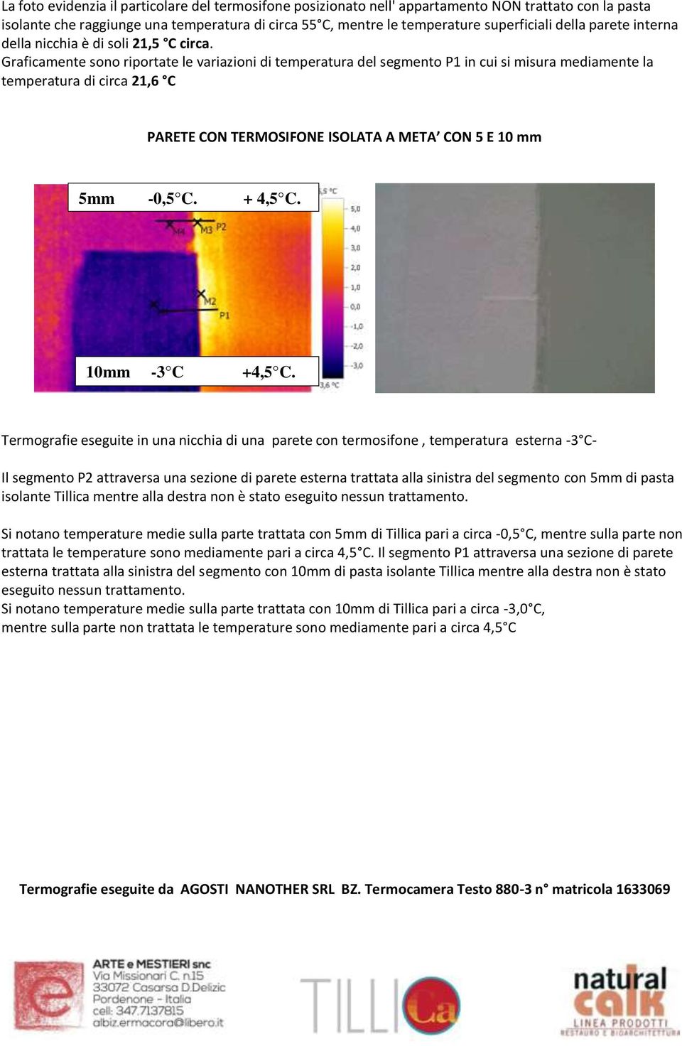 Graficamente sono riportate le variazioni di temperatura del segmento P1 in cui si misura mediamente la temperatura di circa 21,6 C PARETE CON TERMOSIFONE ISOLATA A META CON 5 E 10 mm 5mm -0,5 C.