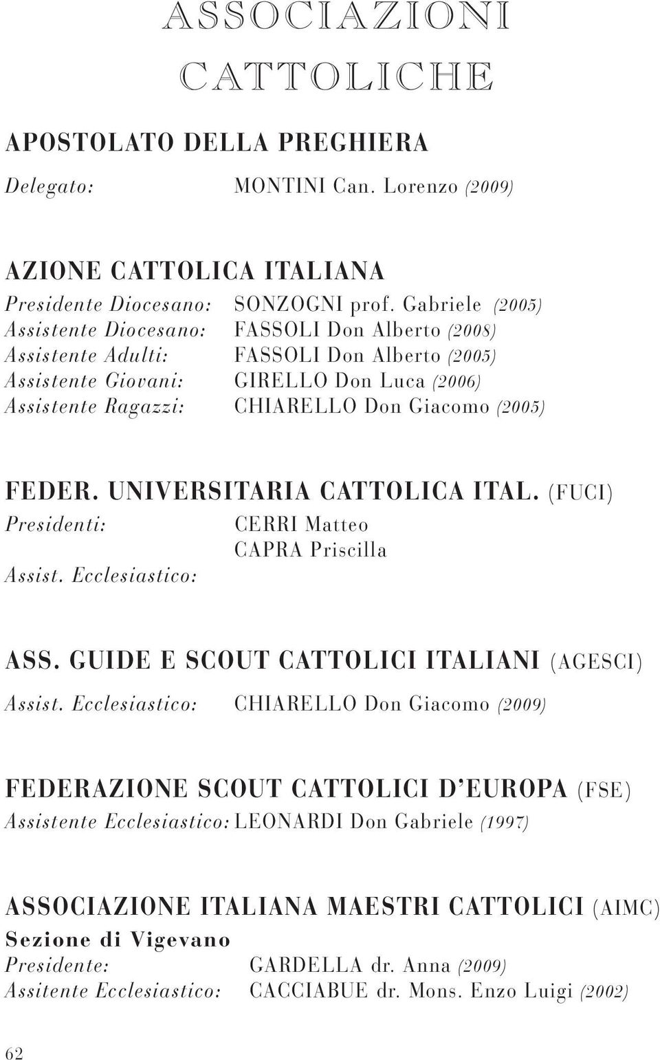 (2005) FEDER. UNIVERSITARIA CATTOLICA ITAL. (FUCI) Presidenti: CERRI Matteo CAPRA Priscilla Assist. Ecclesiastico: CAPPA dr. Don Francesco (2006) ASS. GUIDE E SCOUT CATTOLICI ITALIANI (AGESCI) Assist.