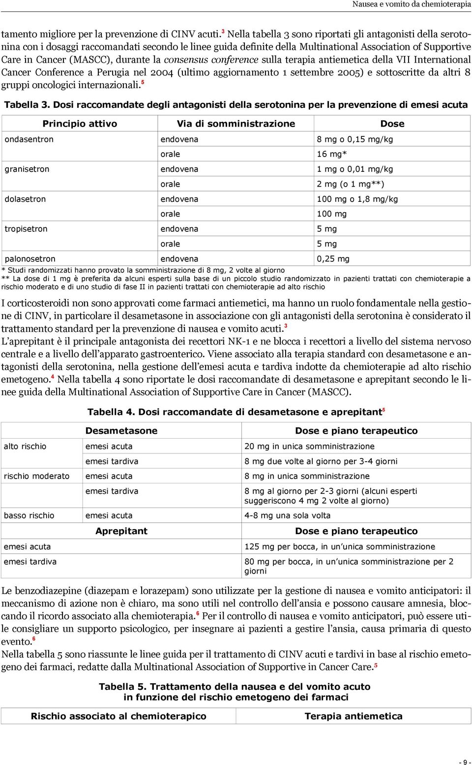 durante la consensus conference sulla terapia antiemetica della VII International Cancer Conference a Perugia nel 2004 (ultimo aggiornamento 1 settembre 2005) e sottoscritte da altri 8 gruppi