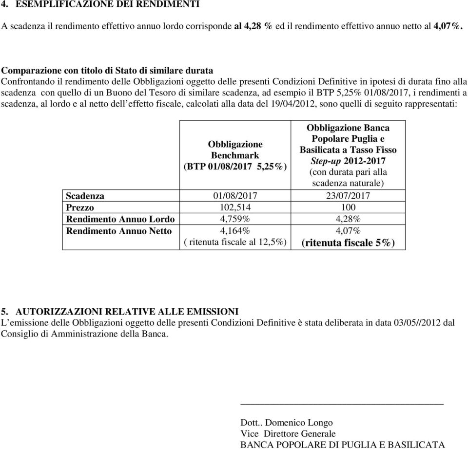 Buono del Tesoro di similare scadenza, ad esempio il BTP 5,25% 01/08/2017, i rendimenti a scadenza, al lordo e al netto dell effetto fiscale, calcolati alla data del 19/04/2012, sono quelli di