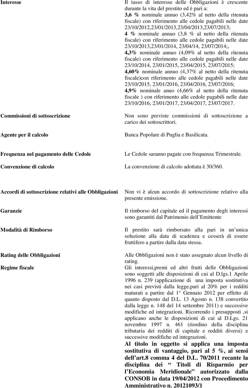 pagabili nelle date 23/10/2013,23/01/2014, 23/04/14, 23/07/2014;, 4,3% nominale annuo (4,09% al netto della ritenuta fiscale) con riferimento alle cedole pagabili nelle date 23/10/2014, 23/01/2015,