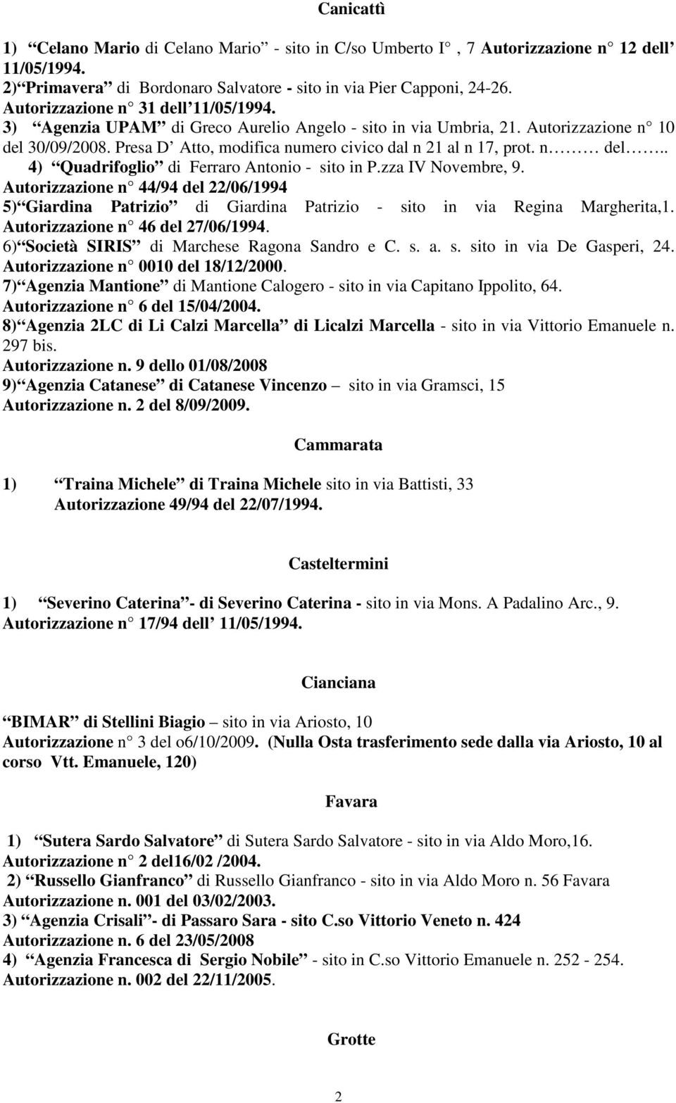 n del.. 4) Quadrifoglio di Ferraro Antonio - sito in P.zza IV Novembre, 9. Autorizzazione n 44/94 del 22/06/1994 5) Giardina Patrizio di Giardina Patrizio - sito in via Regina Margherita,1.