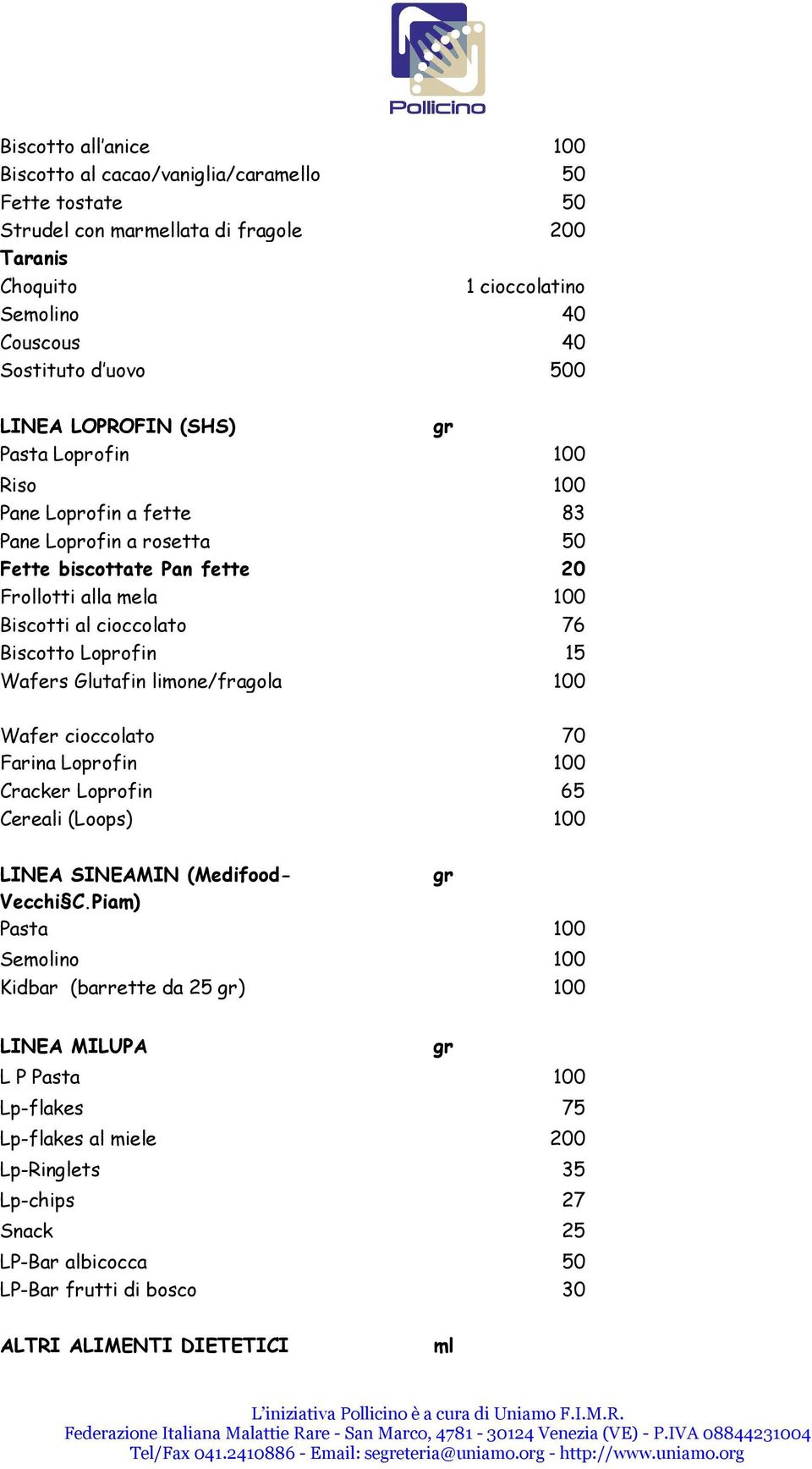 Loprofin 15 Wafers Glutafin limone/fragola 100 Wafer cioccolato 70 Farina Loprofin 100 Cracker Loprofin 65 Cereali (Loops) 100 LINEA SINEAMIN (Medifood- Vecchi C.