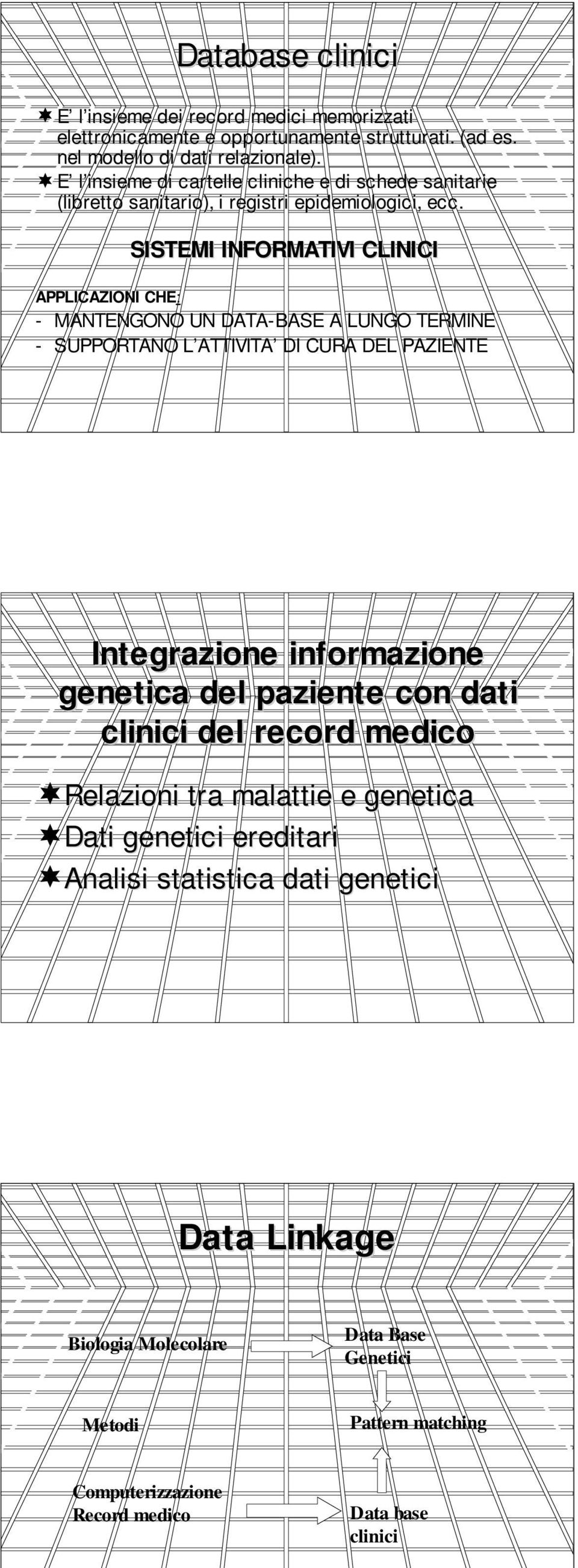 SISTEMI INFORMATIVI CLINICI APPLICAZIONI CHE: - MANTENGONO UN DATA-BASE A LUNGO TERMINE - SUPPORTANO L ATTIVITA DI CURA DEL PAZIENTE Integrazione informazione genetica del