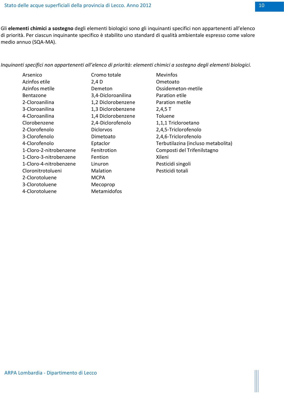 Inquinanti specifici non appartenenti all elenco di priorità: elementi chimici a sostegno degli elementi biologici.