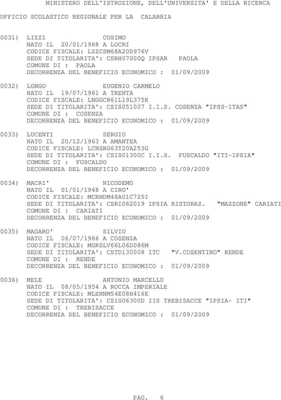 I.S. FUSCALDO "ITI-IPSIA" COMUNE DI : FUSCALDO 0034) MACRI' NICODEMO NATO IL 01/01/1948 A CIRO' CODICE FISCALE: MCRNDM48A01C725I SEDE DI TITOLARITA': CSRI062019 IPSIA RISTORAZ.