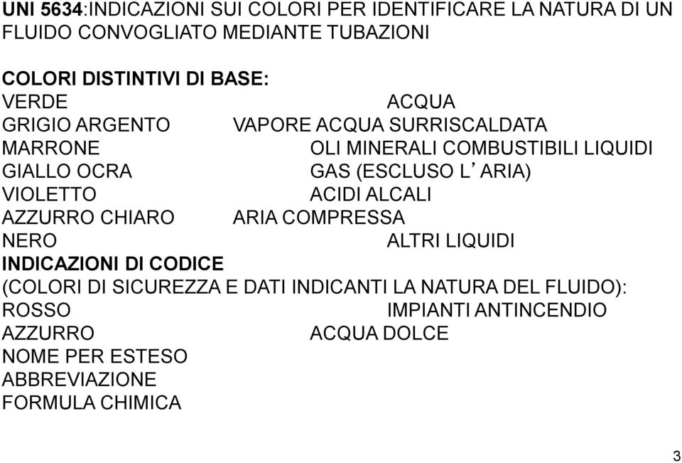 L ARIA) VIOLETTO ACIDI ALCALI AZZURRO CHIARO ARIA COMPRESSA NERO ALTRI LIQUIDI INDICAZIONI DI CODICE (COLORI DI SICUREZZA E