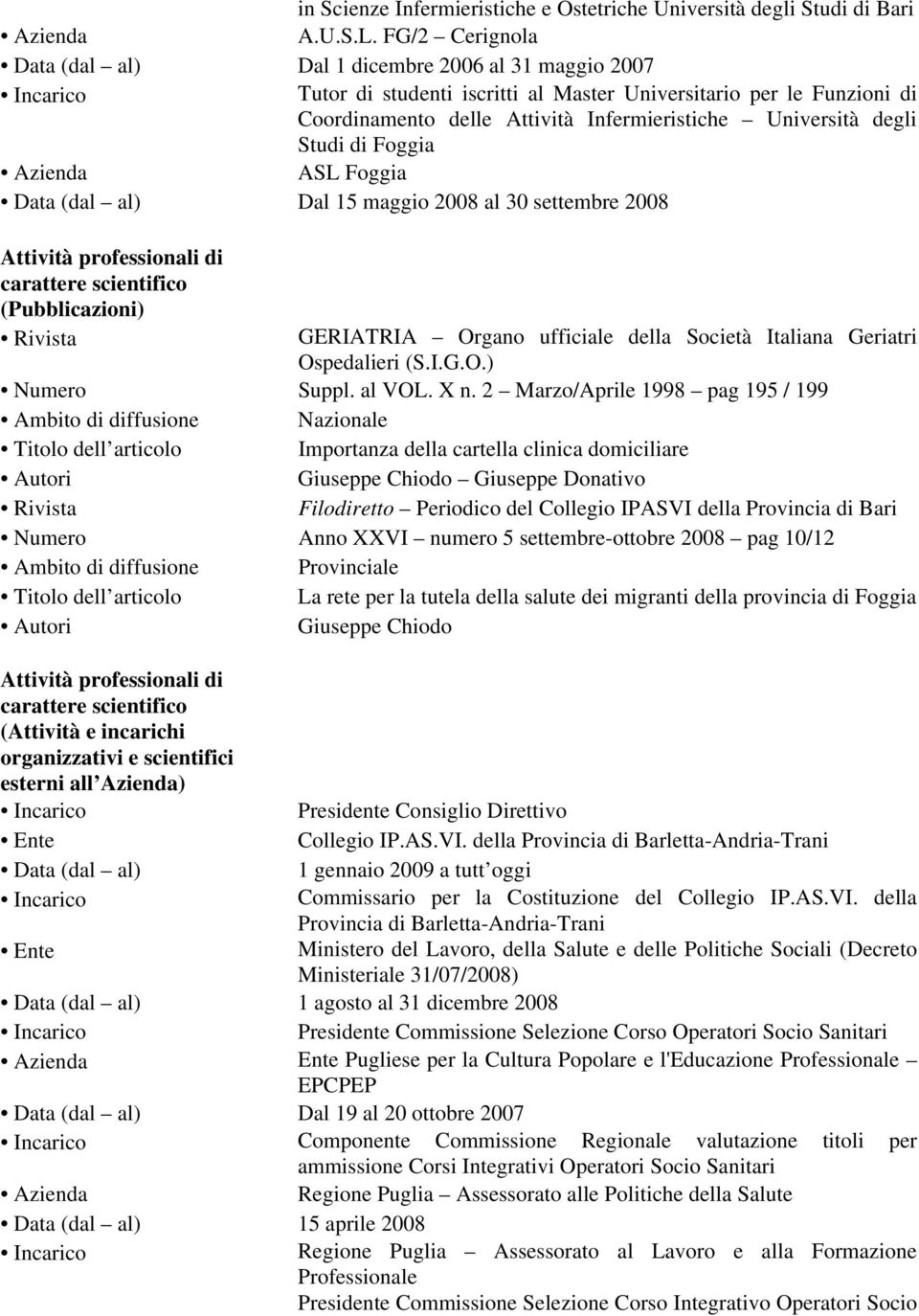 Studi di ASL Data (dal al) Dal 15 maggio 08 al 30 settembre 08 (Pubblicazioni) Rivista GERIATRIA Organo ufficiale della Società Italiana Geriatri Ospedalieri (S.I.G.O.) Numero Suppl. al VOL. X n.