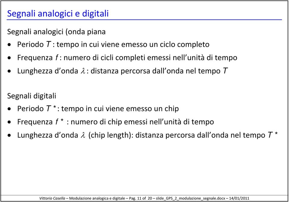 tempo in cui viene emesso un chip Frequenza f * : numero di chip emessi nell unità di tempo Lunghezza d onda λ (chip length): distanza