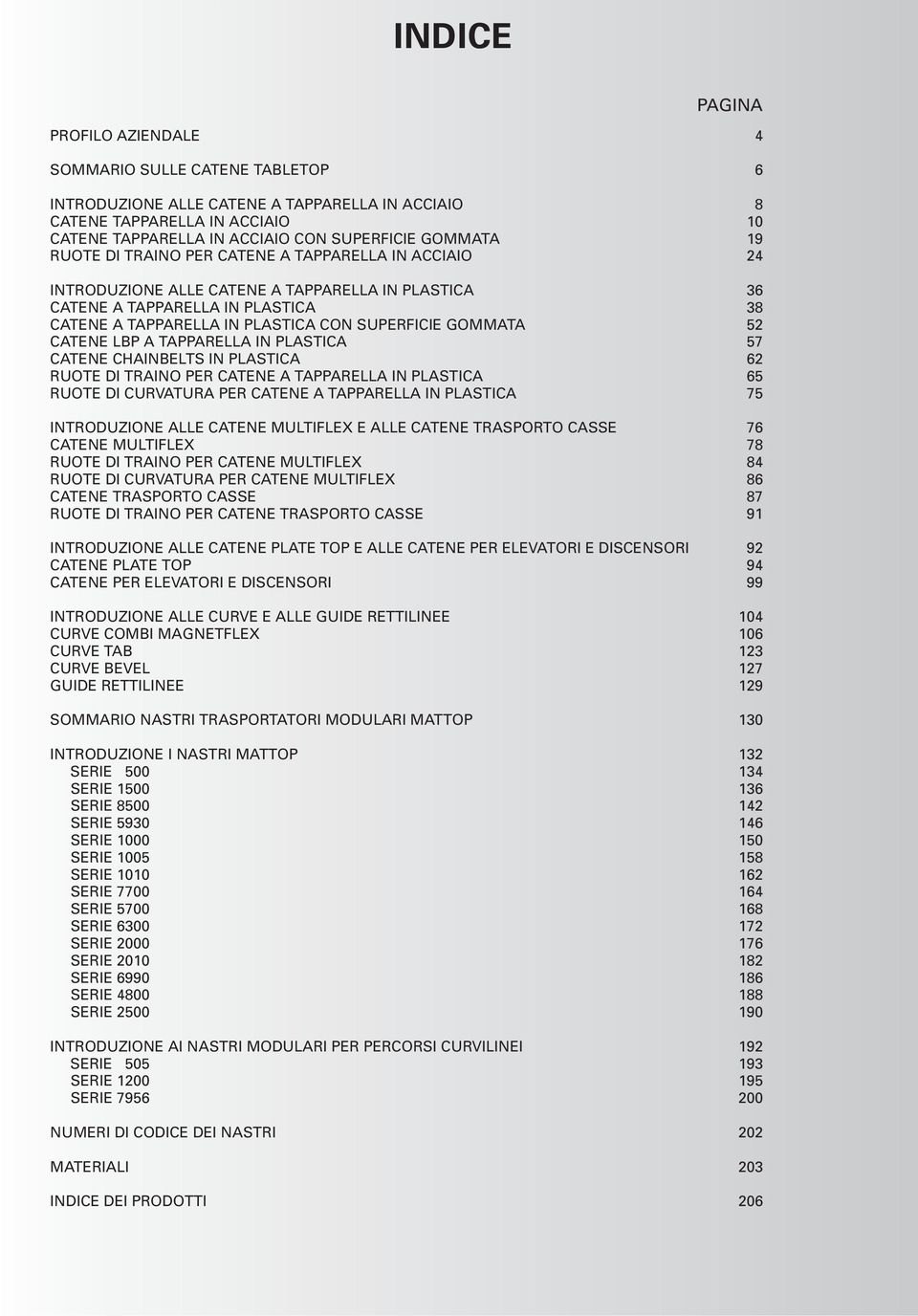 RUOTE DI TRINO PER CTENE TPPRELL IN PLSTIC 65 RUOTE DI CURVTUR PER CTENE TPPRELL IN PLSTIC 75 INTRODUZIONE LLE CTENE MULTIFLEX E LLE CTENE TRSPORTO CSSE 76 CTENE MULTIFLEX 78 RUOTE DI TRINO PER CTENE