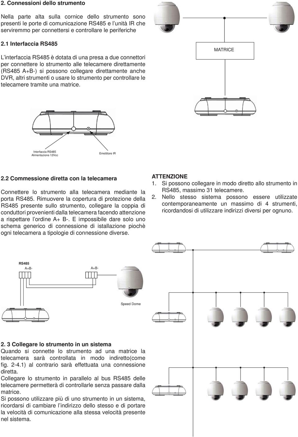 strumenti o usare lo strumento per controllare le telecamere tramite una matrice. MATRICE Interfaccia RS485 Alimentazione 12Vcc Emettitore IR 2.