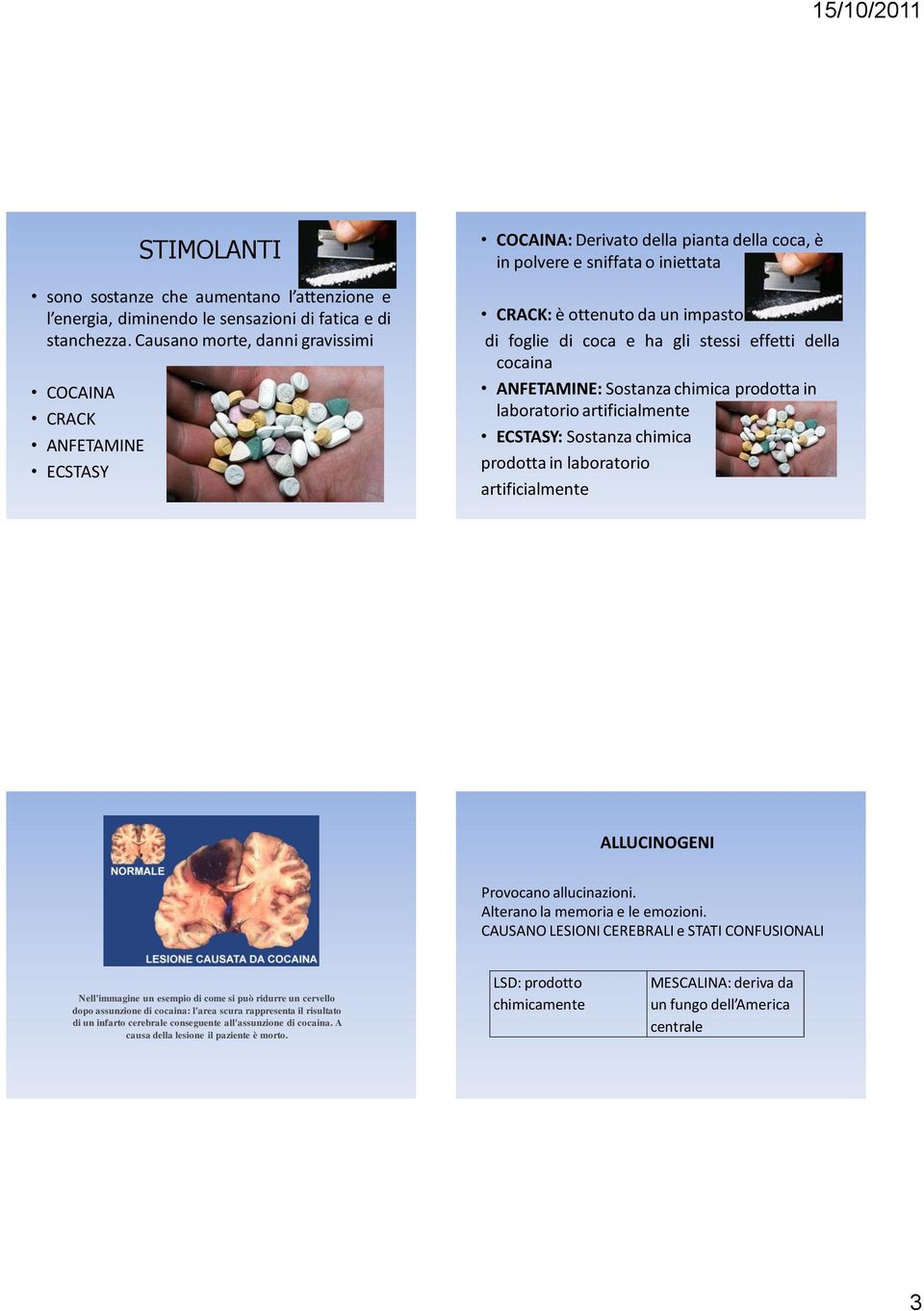 gli stessi effetti della cocaina ANFETAMINE: Sostanza chimica prodotta in laboratorio artificialmente ECSTASY: Sostanza chimica prodotta in laboratorio artificialmente ALLUCINOGENI Provocano