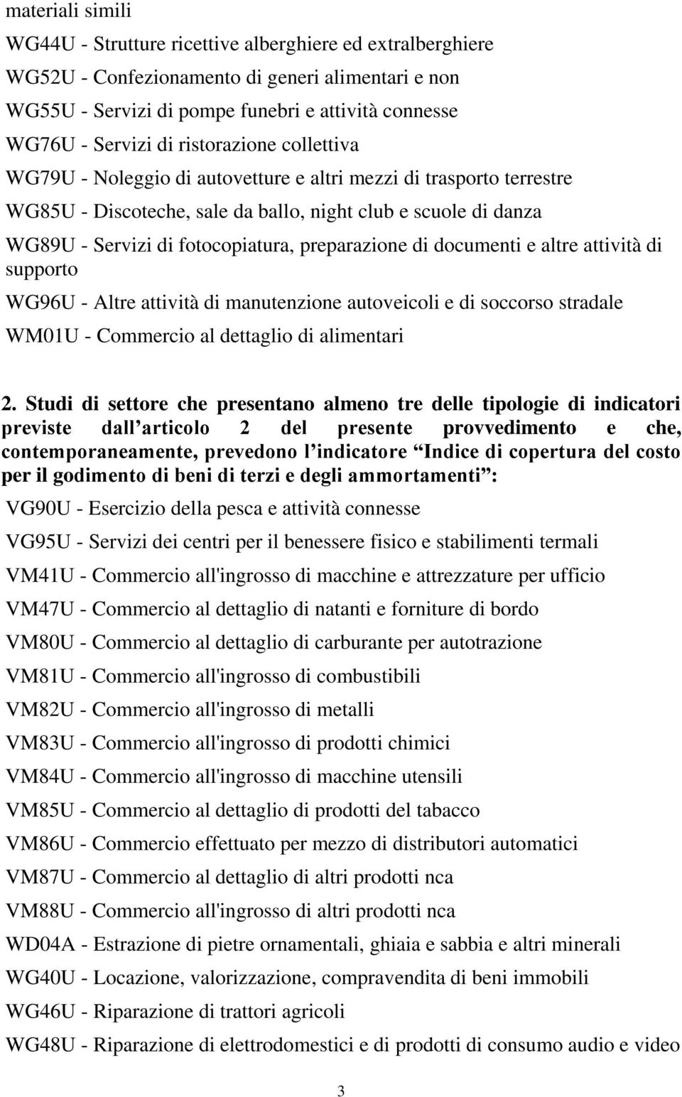 preparazione di documenti e altre attività di supporto WG96U - Altre attività di manutenzione autoveicoli e di soccorso stradale WM01U - Commercio al dettaglio di alimentari 2.