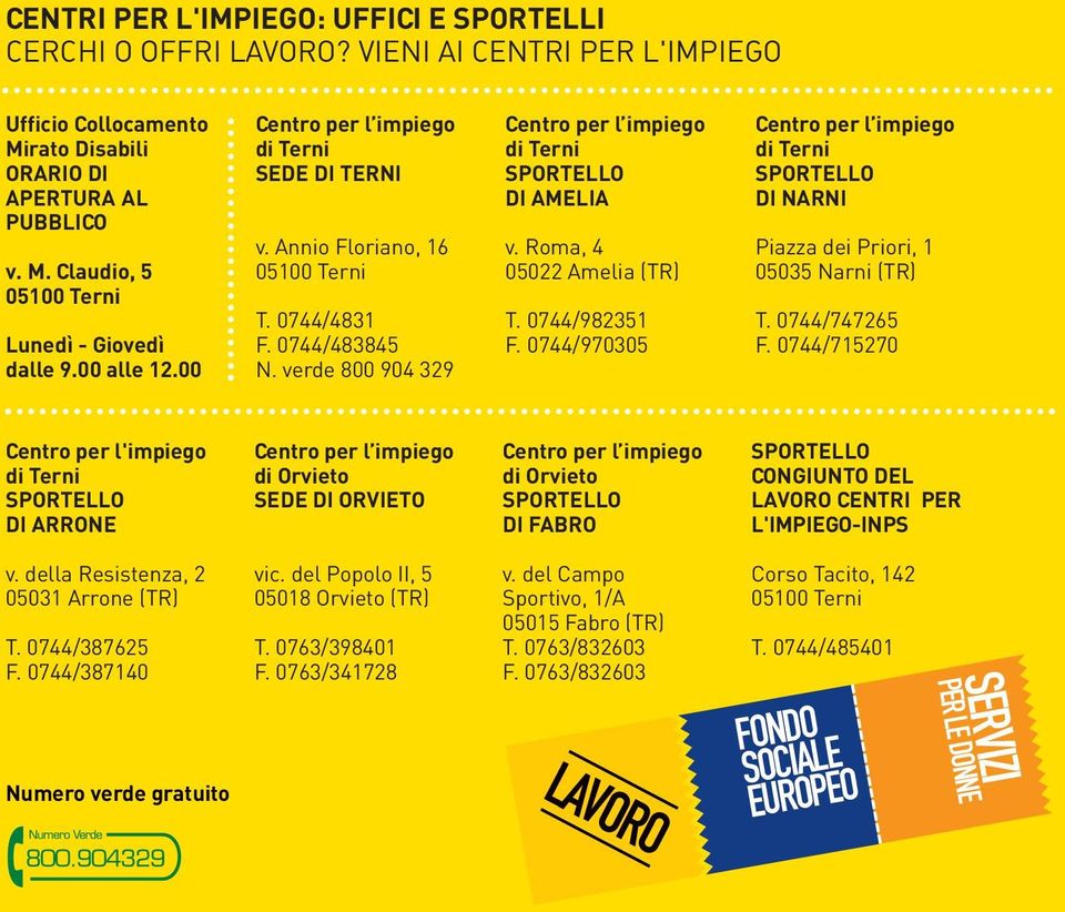 Roma, 4 05022 Amelia (TR) T. 0744/982351 F. 0744/970305 Centro per l impiego di Terni SPORTELLO DI NARNI Piazza dei Priori, 1 05035 Narni (TR) T. 0744/747265 F.