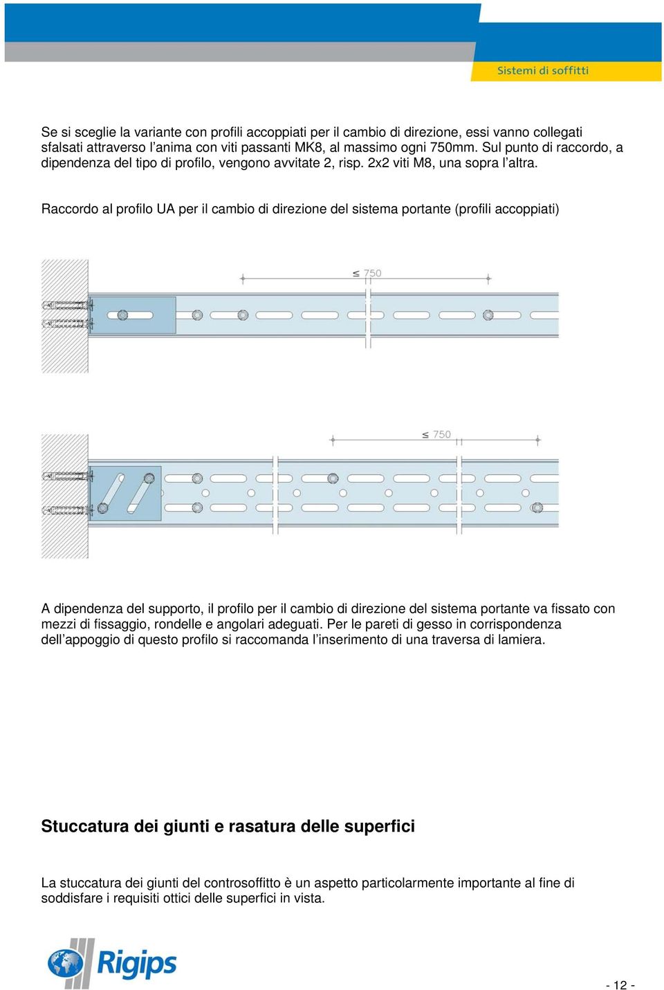 Raccordo al profilo UA per il cambio di direzione del sistema portante (profili accoppiati) A dipendenza del supporto, il profilo per il cambio di direzione del sistema portante va fissato con mezzi