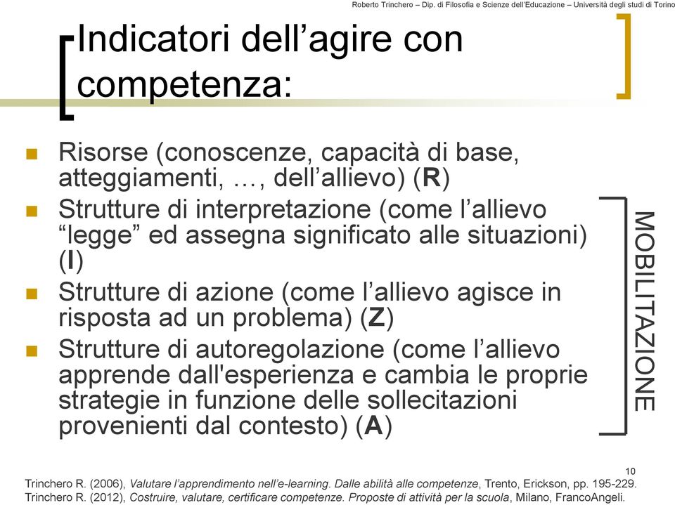 assegna significato alle situazioni) (I) Strutture di azione (come l allievo agisce in risposta ad un problema) (Z) Strutture di autoregolazione (come l allievo apprende dall'esperienza e cambia le