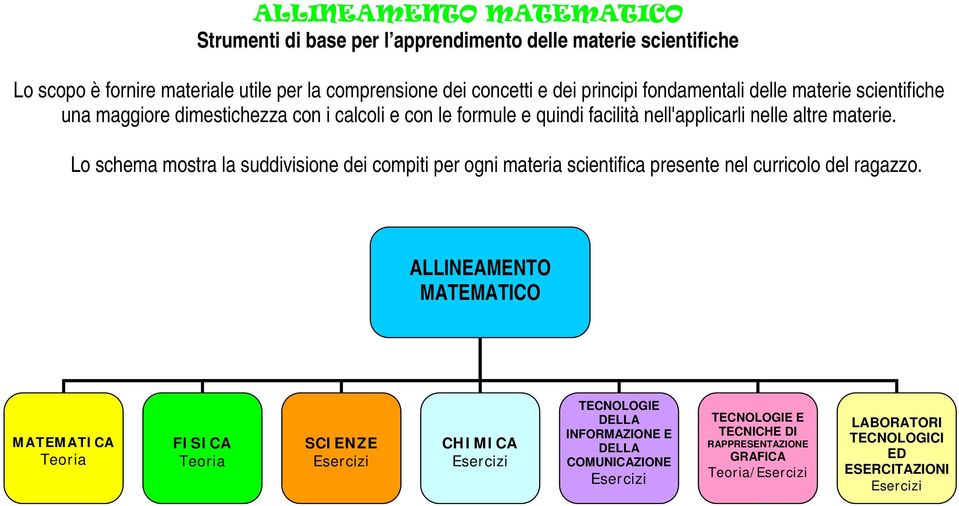 Lo schema mostra la suddivisione dei compiti per ogni materia scientifica presente nel curricolo del ragazzo.