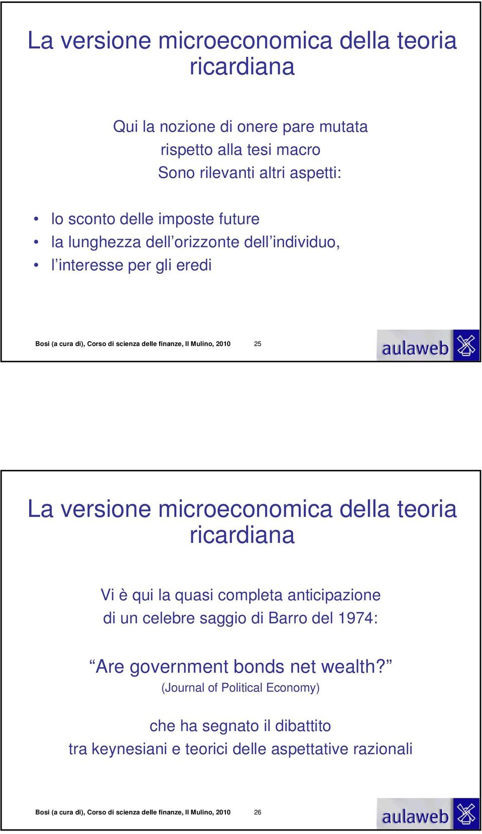 versione microeconomica della teoria ricardiana Vi è qui la quasi completa anticipazione di un celebre saggio di Barro del 1974: Are government bonds net wealth?