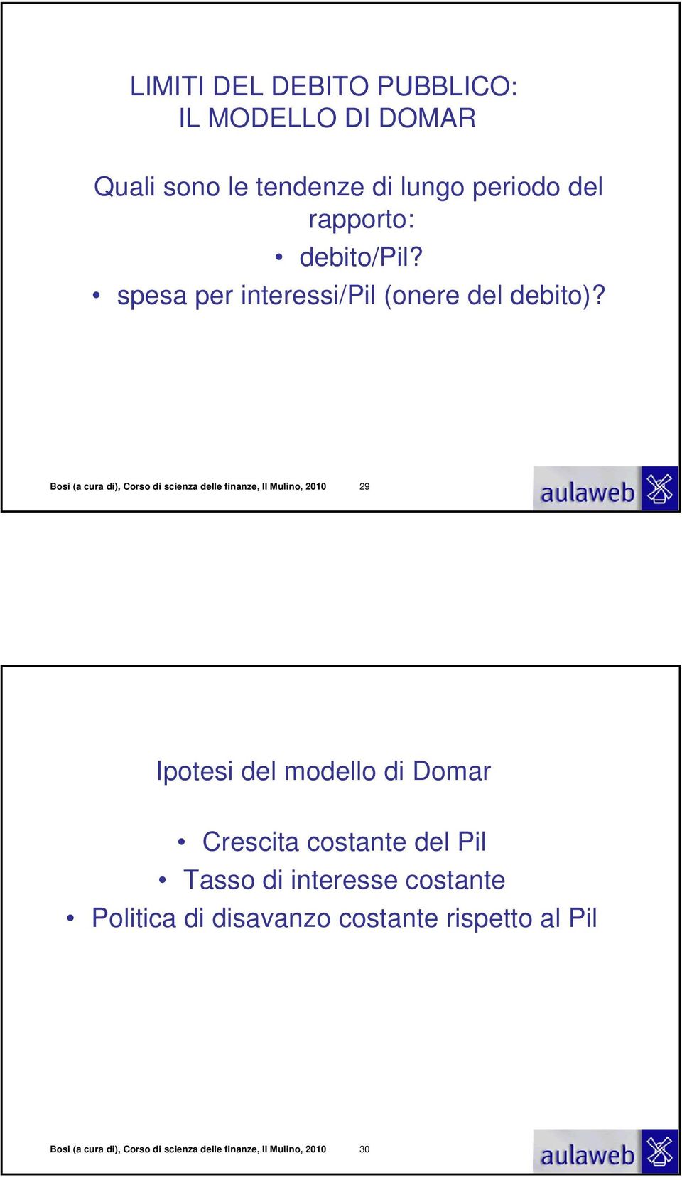 Bosi (a cura di), Corso di scienza delle finanze, Il Mulino, 2010 29 Ipotesi del modello di Domar Crescita