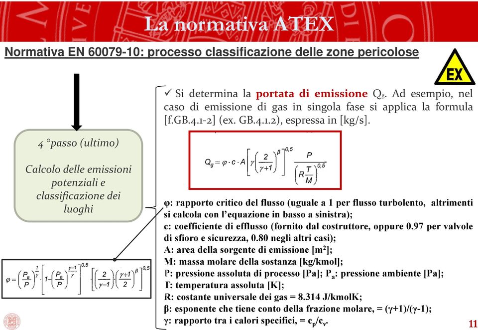 Calcolo delle emissioni potenziali e classificazione dei luoghi φ: rapporto critico del flusso (uguale a 1 per flusso turbolento, altrimenti si calcola con l equazione in basso a sinistra); c: