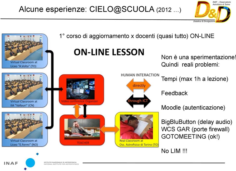 Quindi reali problemi: Tempi (max 1h a lezione) Feedback Moodle