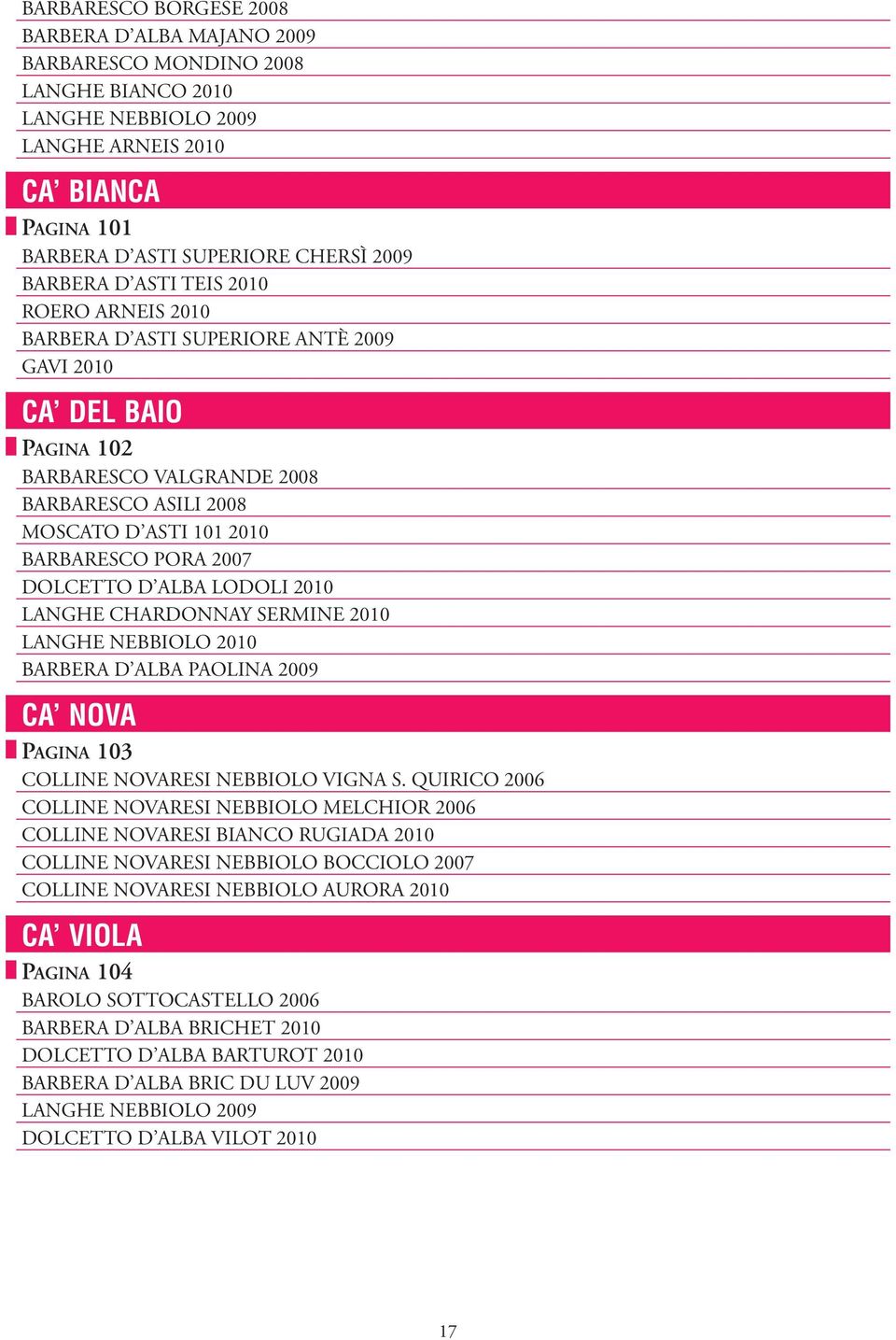 DOLCETTO D ALBA LODOLI 2010 LANGHE CHARDONNAY SERMINE 2010 LANGHE NEBBIOLO 2010 BARBERA D ALBA PAOLINA 2009 CA NOVA PAGINA 103 COLLINE NOVARESI NEBBIOLO VIGNA S.