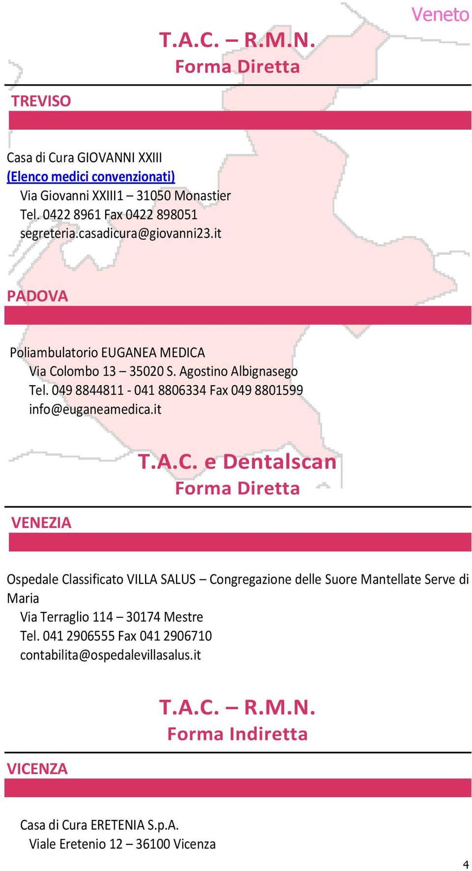 it VENEZIA T.A.C. e Dentalscan Ospedale Classificato VILLA SALUS Congregazione delle Suore Mantellate Serve di Maria Via Terraglio 114 30174 Mestre Tel.