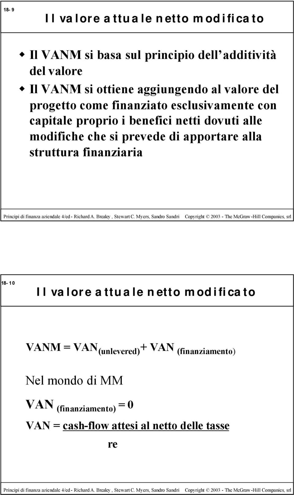 modifiche che si prevede di apportare alla struttura finanziaria 18-10 Il valore attuale netto modificato VANM = VAN