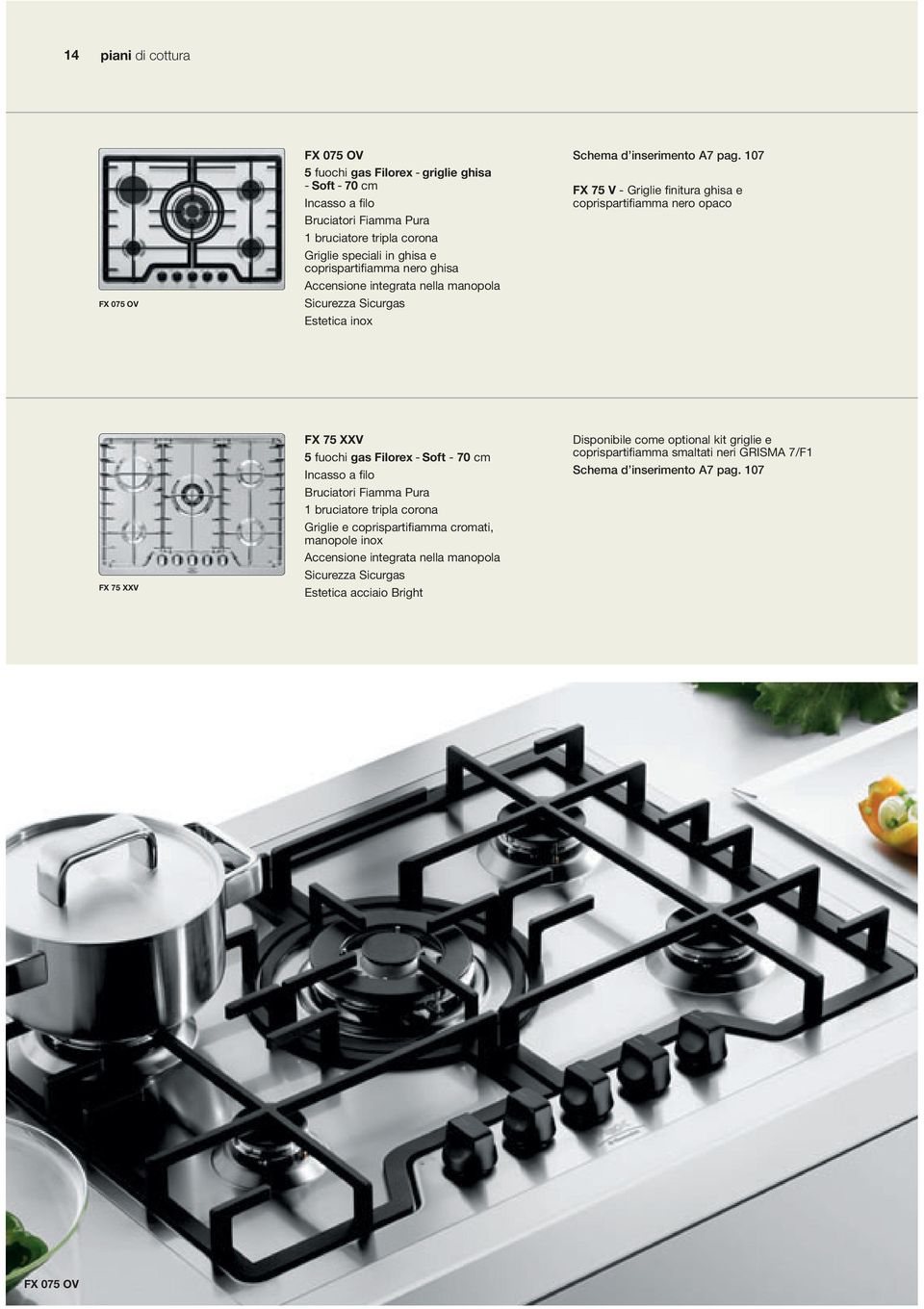 107 FX 75 V - Griglie finitura ghisa e coprispartifiamma nero opaco FX 75 XXV FX 75 XXV 5 fuochi gas Filorex - Soft - 70 cm Incasso a filo