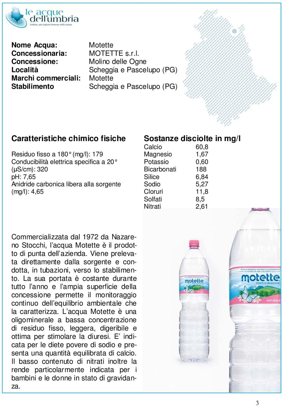 188 Silice 6,84 Sodio 5,27 Cloruri 11,8 Solfati 8,5 Nitrati 2,61 Commercializzata dal 1972 da Nazareno Stocchi, l acqua Motette è il prodotto di punta dell azienda.