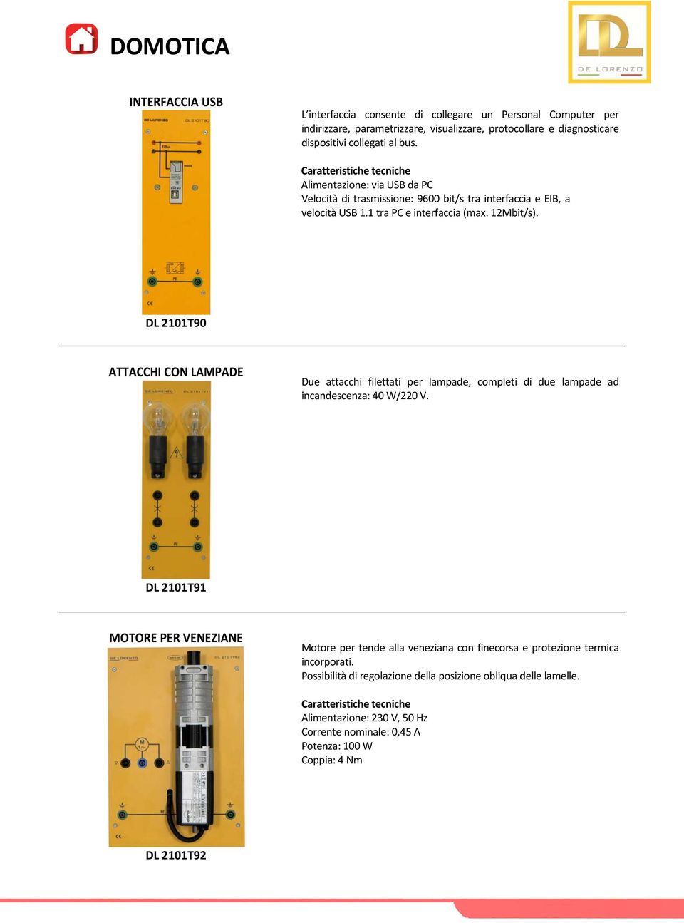 DL 20T90 ATTACCHI CON LAMPADE Due attacchi filettati per lampade, completi di due lampade ad incandescenza: 40 W/220 V.