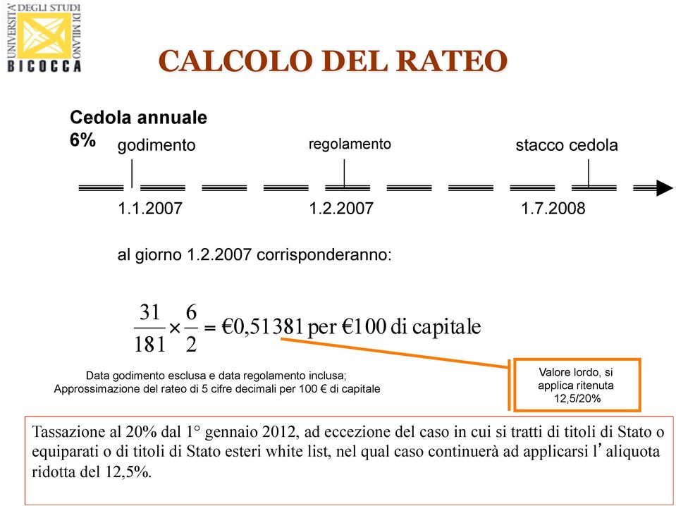 2007 1.7.2008 al giorno 1.2.2007 corrisponderanno: 31 181 6 2 = 0,51381 per 100 di Data godimento esclusa e data regolamento inclusa;