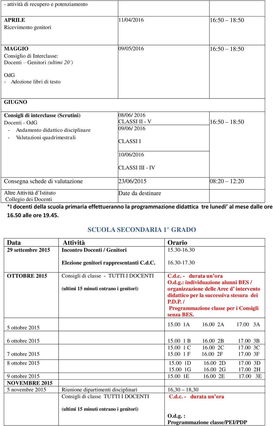 schede di valutazione 23/06/2015 08:20 12:20 Altre Attività d Istituto Date da destinare Collegio dei Docenti *I docenti della scuola primaria effettueranno la programmazione didattica tre lunedi al