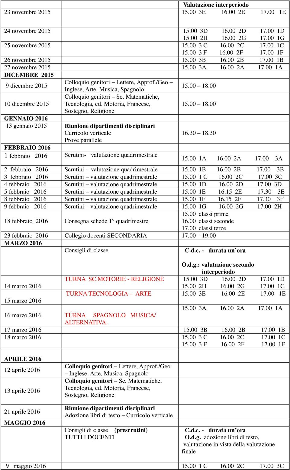 00 10 dicembre 2015 Inglese, Arte, Musica, Spagnolo Colloquio genitori Sc. Matematiche, Tecnologia, ed.