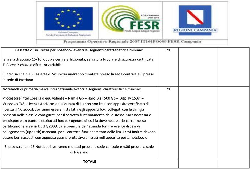 15 Cassette di Sicurezza andranno montate presso la sede centrale e 6 presso la sede di Passiano Notebook di primaria marca internazionale aventi le seguenti caratteristiche minime: 21 Processore