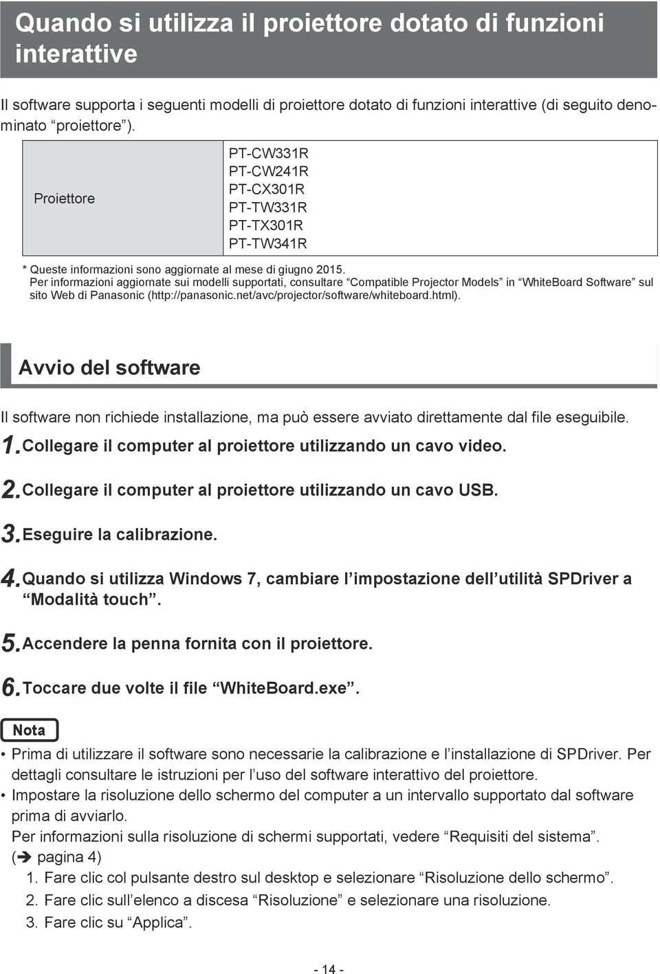 Per informazioni aggiornate sui modelli supportati, consultare Compatible Projector Models in WhiteBoard Software sul sito Web di Panasonic (http://panasonic.net/avc/projector/software/whiteboard.