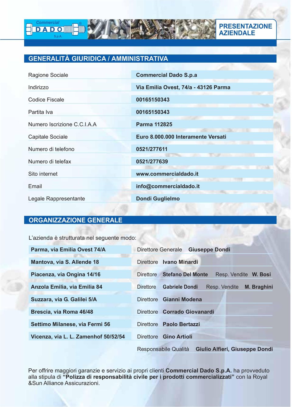 000 Interamente Versati Numero di telefono 0521/277611 Numero di telefax 0521/277639 Sito internet Email Legale Rappresentante www.commercialdado.it info@commercialdado.