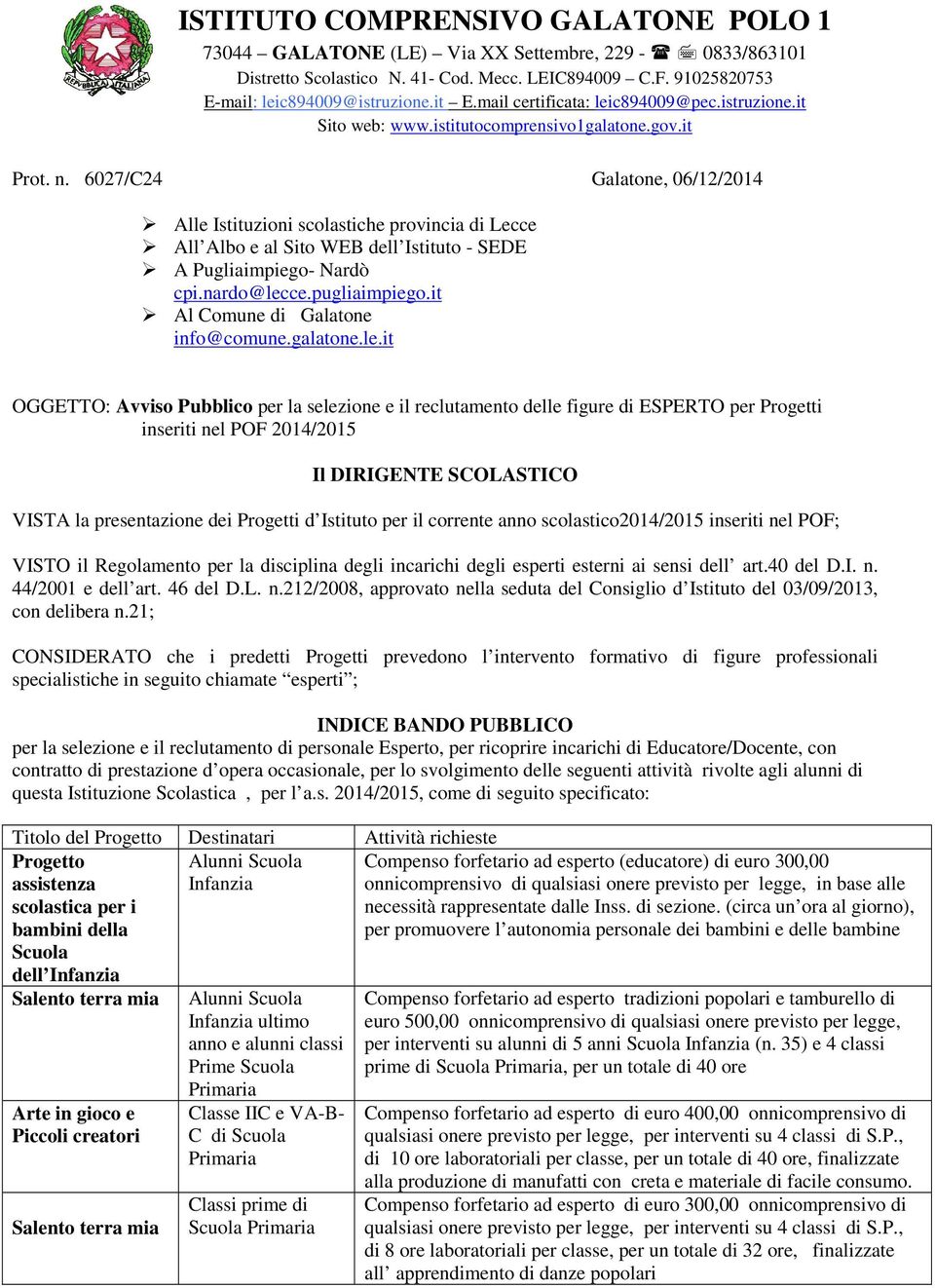 6027/C24 Galatone, 06/12/2014 Alle Istituzioni scolastiche provincia di Lecce All Albo e al Sito WEB dell Istituto - SEDE A Pugliaimpiego- Nardò cpi.nardo@lecce.pugliaimpiego.