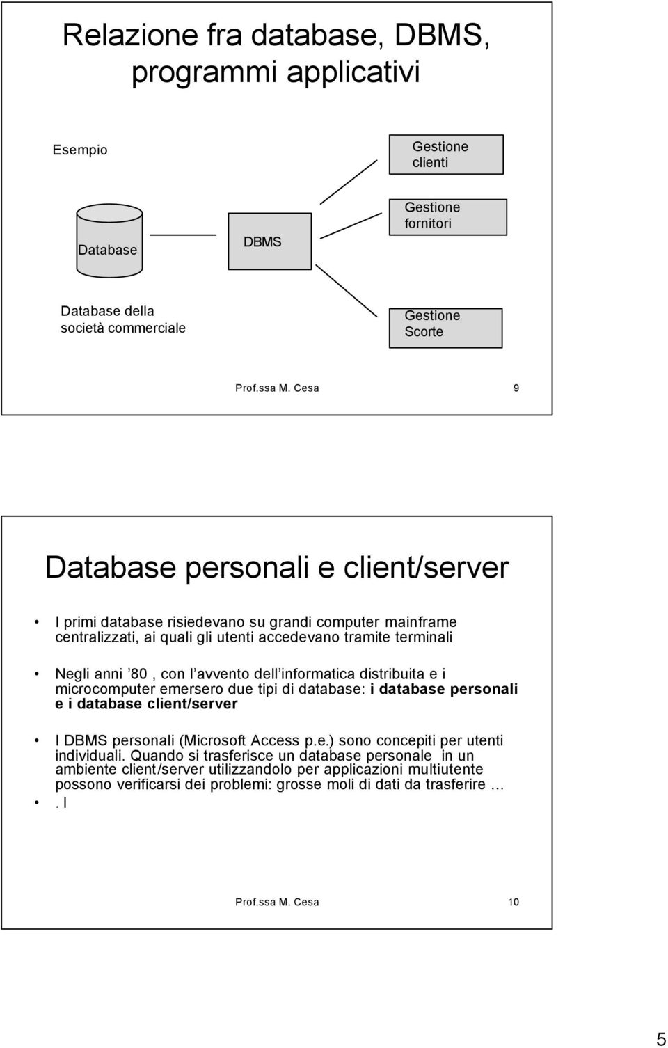 dell informatica distribuita e i microcomputer emersero due tipi di database: i database personali e i database client/server I DBMS personali (Microsoft Access p.e.) sono concepiti per utenti individuali.