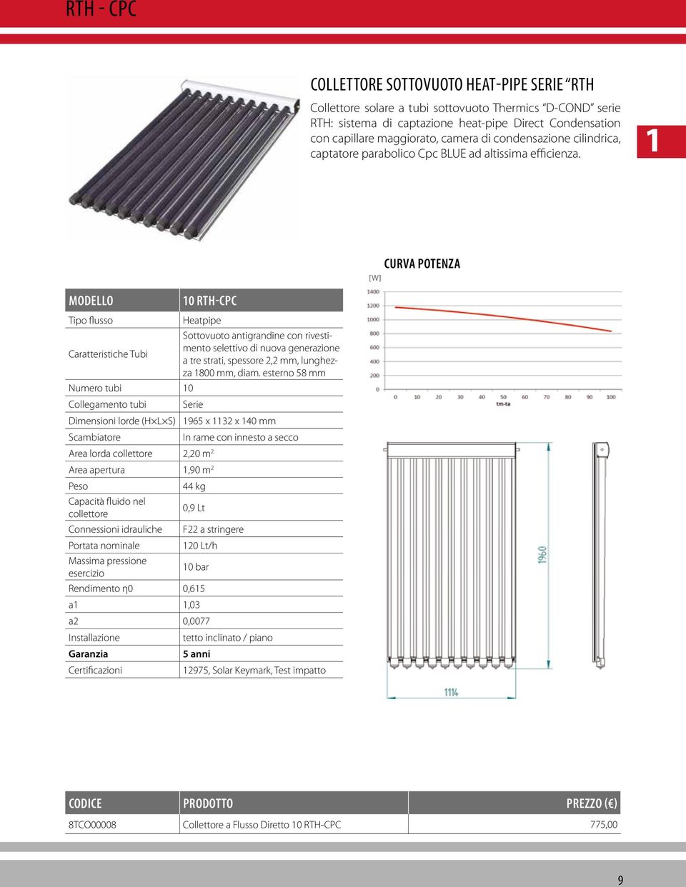 1 [W] CURVA POTENZA MODELLO 10 RTH-CPC Tipo flusso Heatpipe Sottovuoto antigrandine con rivestimento Caratteristiche Tubi selettivo di nuova generazione a tre strati, spessore 2,2 mm, lunghezza 1800