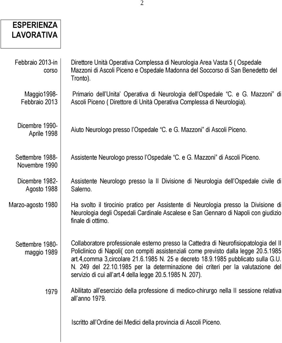 Dicembre 1990- Aprile 1998 Aiuto Neurologo presso l Ospedale C. e G. Mazzoni di Ascoli Piceno.