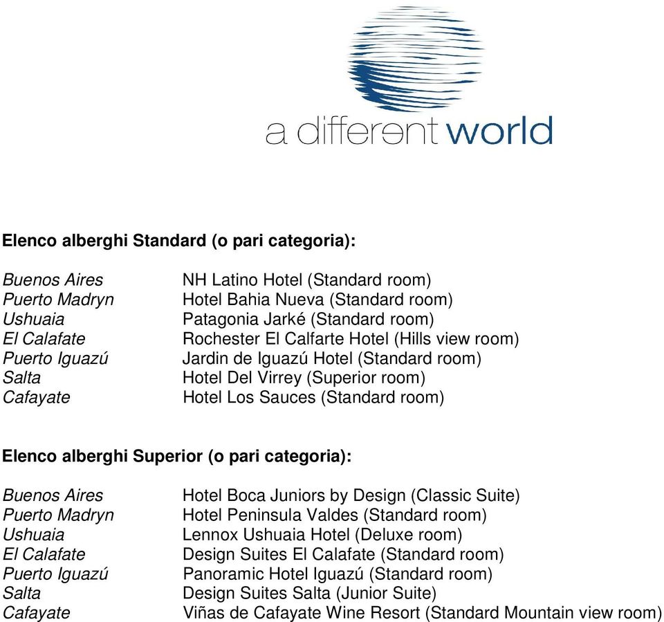 Superior (o pari categoria): Buenos Aires Puerto Madryn Ushuaia El Calafate Puerto Iguazú Salta Cafayate Hotel Boca Juniors by Design (Classic Suite) Hotel Peninsula Valdes (Standard room) Lennox