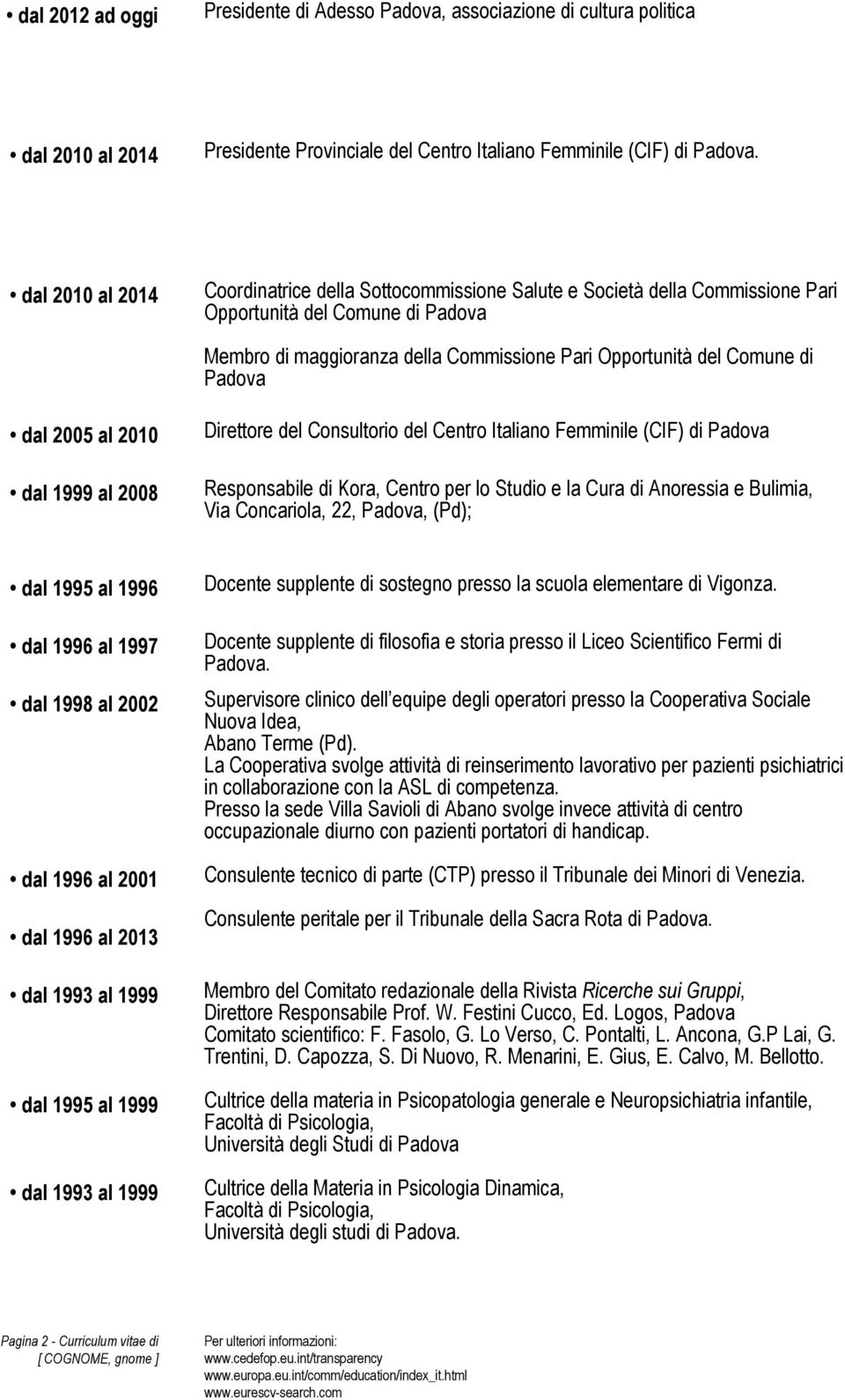 Padova dal 2005 al 2010 dal 1999 al 2008 Direttore del Consultorio del Centro Italiano Femminile (CIF) di Padova Responsabile di Kora, Centro per lo Studio e la Cura di Anoressia e Bulimia, Via
